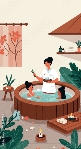 Pixel Art Spa Retreat with Two Women and Therapist in Hot Tub