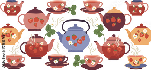 Pixel Art Strawberry Teapots and Cups Collection Warm Colors Vector Pattern