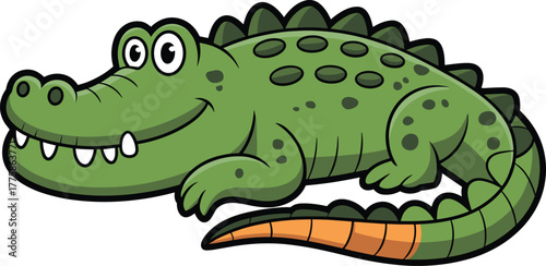 Cartoon crocodile character, friendly green reptile with spotted body and curled orange tail, vector illustration, isolated design, kids animal theme