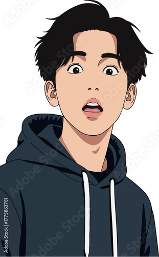 Pixel Art Surprised Young Man With Dark Hair Wearing Hoodie