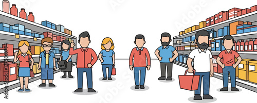 Pixelated shoppers browse colorful shelves filled with products in a bright well lit supermarket aisle