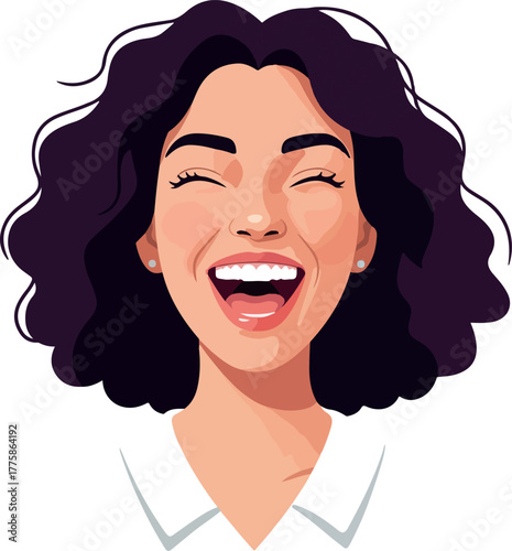 Pixel Art Woman Laughing Joyfully With Curly Dark Hair and White Shirt