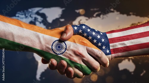 A handshake between two hands painted with the flags of India and the United States, symbolizing partnership.