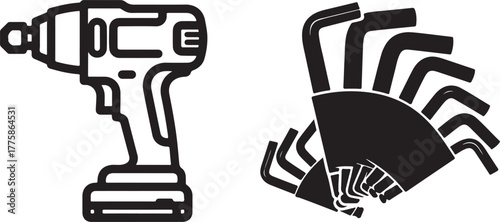 Stylized Hand Tools and Power Tool Icons in Black and White Design