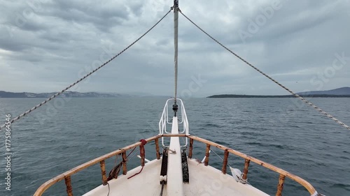 Bow Of Sailing Boat Navigating In The Sea.