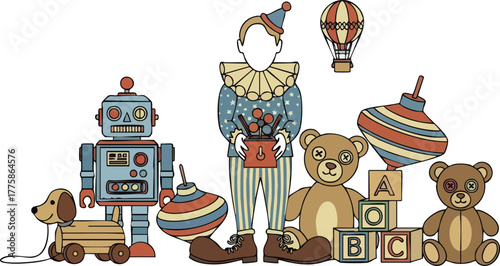 Vintage Childrens Toys Collection Featuring Robot Dog Teddy Bears Blocks and Clown Illustration