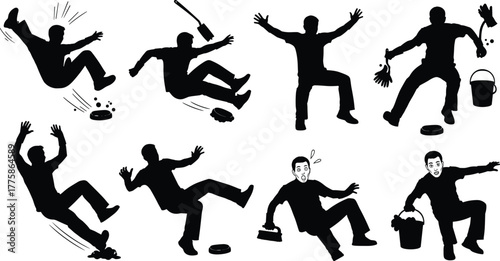 Slipping accident silhouettes, falling people, cleaning hazard, banana peel mishap, workplace safety, humorous fall, black and white vector illustration, danger
