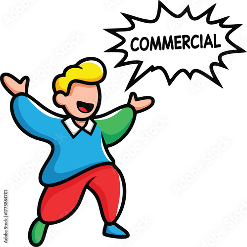 Man With Open Arms Announces Commercial Opportunity With A Speech Bubble Saying Commercial In Bold Text Isolated On White Background