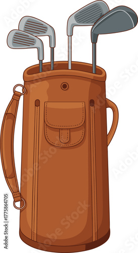 Cartoon golf bag, brown color, four clubs, side handle, front pocket, sports gear, vector illustration, recreation theme, digital artwork