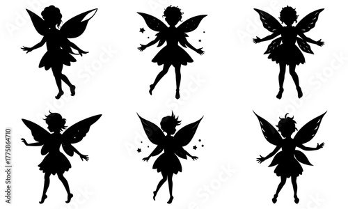 Whimsical fairy silhouette collection, perfect for enchanting designs and magical projects, evoking fantasy and childlike wonder, originally a vector graphic