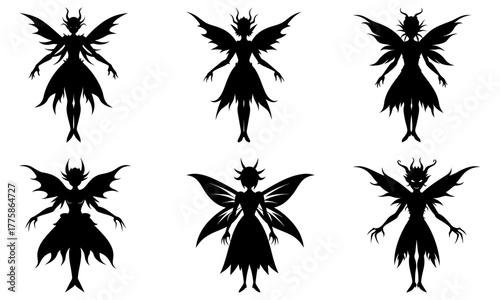 Six dark fairies silhouettes dancing in elegant formation, perfect for fantasy designs, Halloween themes, or gothic art projects originally a scalable vector graphic