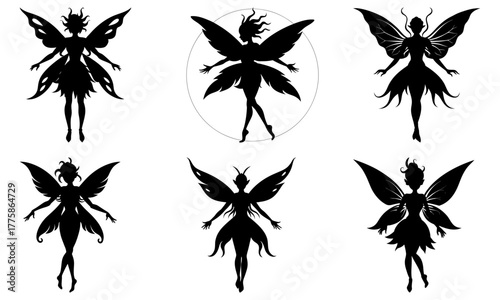 Enchanting fairy silhouettes for magical designs and whimsical projects, perfect for fantasy art, children's books, and creative storytelling, vector based