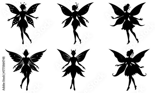 Enchanting fairy silhouettes dancing in the moonlight, perfect for fantasy designs, magical illustrations, and whimsical creative projects, originally a vector
