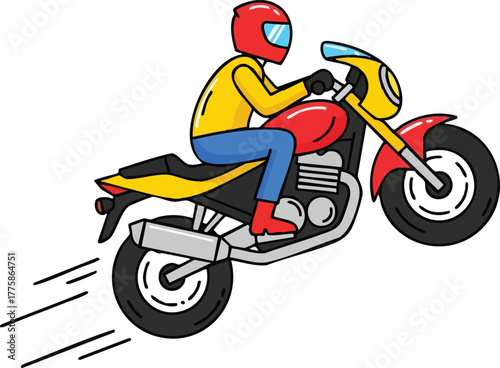 Motorcyclist in Red Yellow Blue Outfit Riding Sportbike Through Air With Motion Streaks