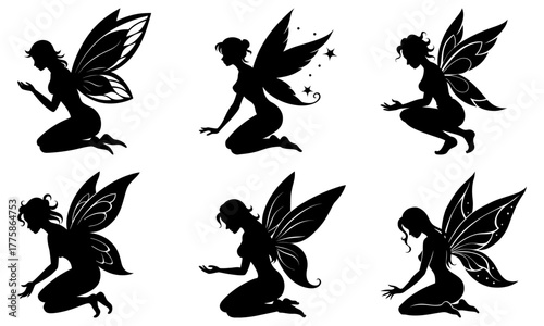 Enchanting fairy silhouettes collection, whimsical vector art for fantasy designs, perfect for magical storybooks and ethereal illustrations. A charming vector asset.