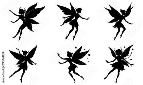 Enchanting fairy silhouettes set for magical designs and ethereal themes, perfect for fantasy art, children's books, and whimsical creative projects
