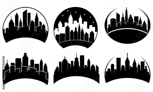 Modern city skyline silhouettes collection for urban design projects, ideal for architectural visualization and real estate branding, originally a scalable vector graphic