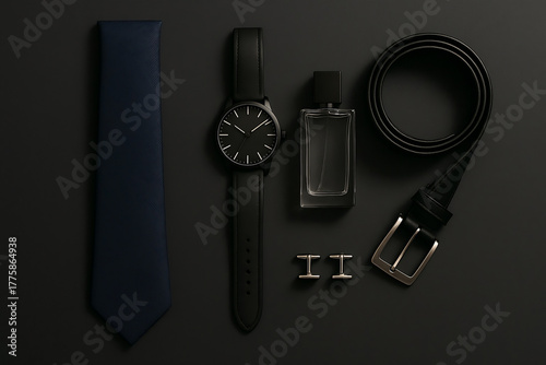 Flat lay of men’s business accessories on a dark background, including tie, wristwatch, perfume, belt, and cufflinks. Minimalist and elegant masculine composition.