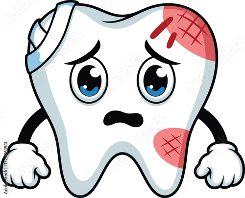 Cartoon injured tooth, sad expression, bandaged head, bruised face, dental pain concept, vector illustration, digital artwork, oral health theme