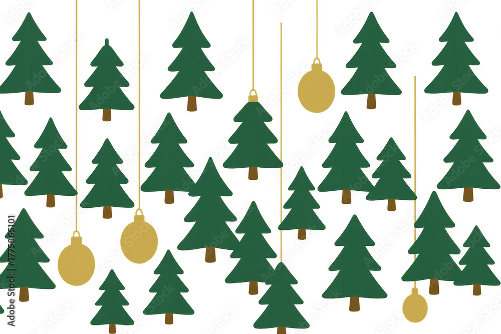 Obraz premium Christmas trees forest with hanging golden ornaments developing festive holiday pattern and transparent background