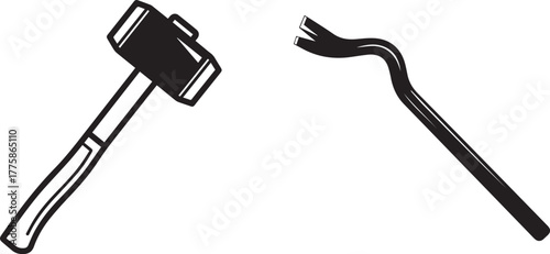 Black and White Vector Illustration of Sledgehammer and Pry Bar Tools