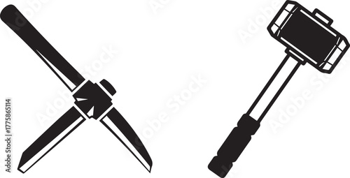 Black and White Vector Illustration of Pickaxe and Sledgehammer Tools