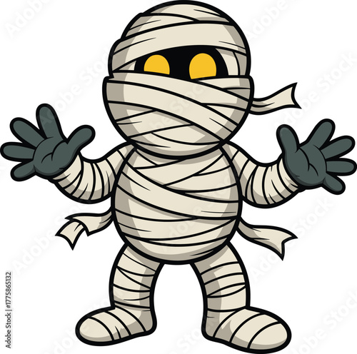 Cartoon mummy character, wrapped in beige bandages with glowing yellow eyes, vector illustration, isolated design, Halloween spooky theme
