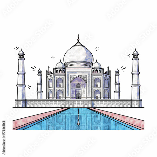 Iconic Taj Mahal India Travel Landmark Illustration with Reflecting Pool