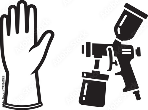 Graphic vector icons of protective glove and paint spray gun tool