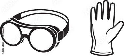 Black and White Line Art of Safety Goggles and Protective Glove