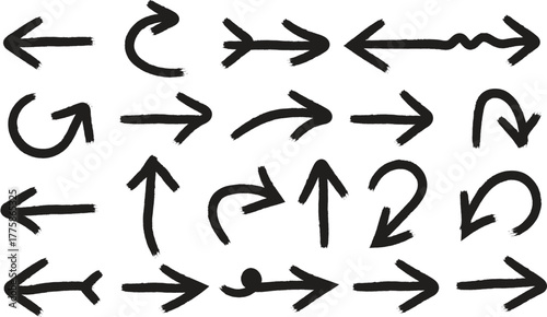 Variety of Hand Drawn Arrows in Black Ink Representing Different Directions and Options