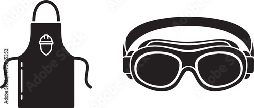 Monochromatic icons of safety apron with hard hat and protective goggles