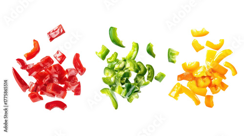 Fototapeta Naklejka Na Ścianę i Meble -  Chopped red yellow and green bell peppers isolated on transparent background