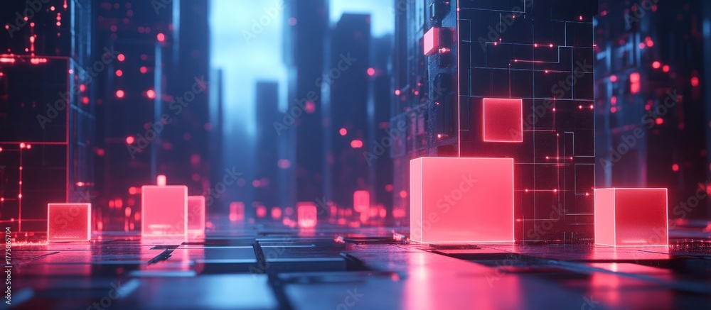 Fototapeta premium Futuristic city with glowing red cubes and neon lights.