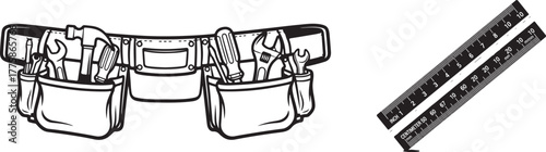 Monochrome Line Art Vector Illustration of Construction Tool Belt and Rulers