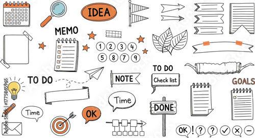 Doodle Office Stationary Icons, Memo, Arrow, Calendar, Leaves, Checklist