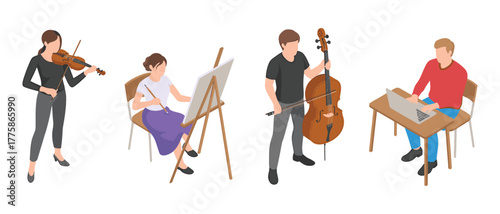 Diverse creative professions isometric illustration of people engaged in artistic pursuits