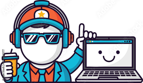 Pixelated Character With Headphones And Sunglasses Holds Coffee Cup Beside Laptop With Smiling Face Screen