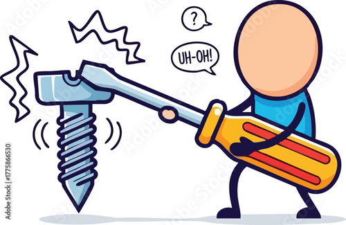 Simple Cartoon Character Struggling to Screw in a Large Screw With a Screwdriver