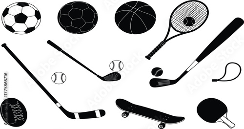 Vector set of sports equipment including balls, rackets, sticks, and gear for popular games and physical activity icons