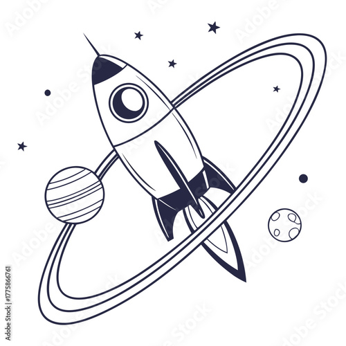 Hand drawn rocket ship launching into space with orbiting rings and planets