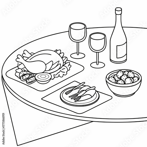 Thanksgiving dinner table setting with turkey