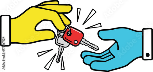 Two Hands Exchanging Car Keys With Red Fob And Silver Keys On White Background