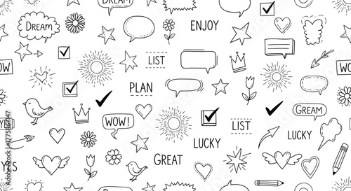 Doodle seamless pattern with hearts, suns, stars, speech bubbles on white background
