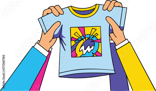 Two Hands Holding Up A Light Blue T Shirt With A Colorful Abstract Graphic Design