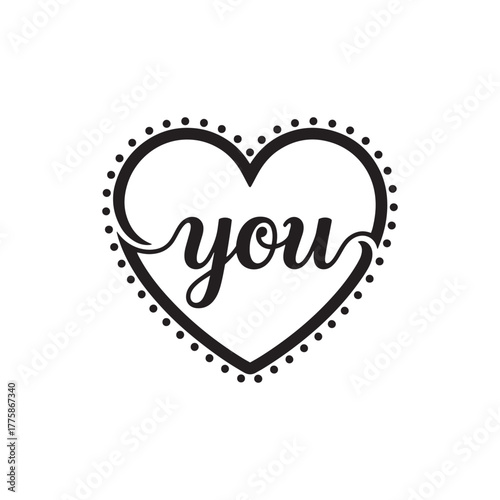 Heart with the word 'you' inside, black and white graphic illustration