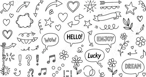Doodle set elements with arrows, stars, hearts, speech bubbles on transparent background