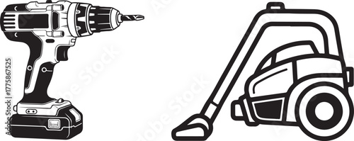 Black and White Line Art Illustration of Cordless Drill and Vacuum Cleaner