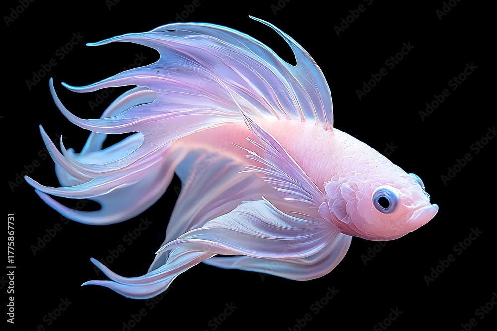Fototapeta premium Ethereal Betta Fish with Flowing Fins in Soft Pastel Colors on Black Background