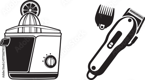 Black White Flat Design Icons of Juicer and Hair Trimmer